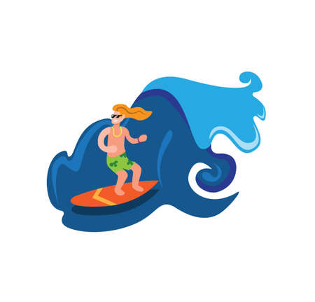 man with black eyeglasses surfing in blue ocean sea wave, beach summer activity extreme sport cartoon flat illustration vectorのイラスト素材