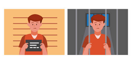 criminal man in identity room and inside to cell prison, man in jail scene set cartoon flat illustration vectorのイラスト素材