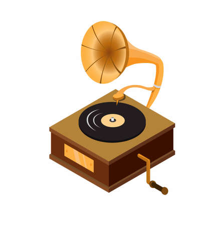 gramophone isometric, classic audio music player device wooden box with vinyl record cartoon flat illustrtion vectorのイラスト素材