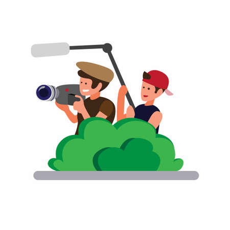 two man hiding in the bushes and holding camera to recording, cameraman capture moment in candid flat cartoon illustration vectorのイラスト素材