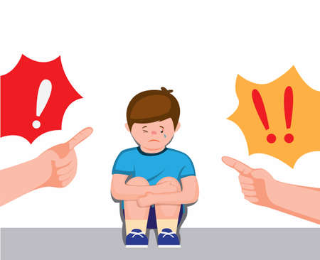 boy sitting feeling sad and cry being scolded parent, scolding with forefinger to children symbol cartoon flat illustration vectorのイラスト素材