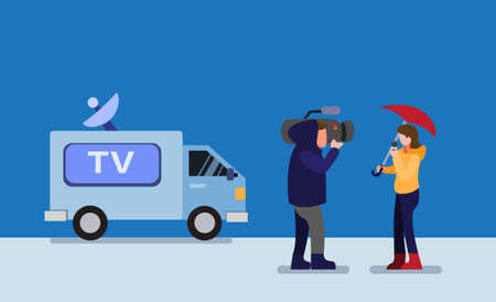 journalist reporter and tv news van in winter season disaster cartoon flat illustration editable vectorのイラスト素材