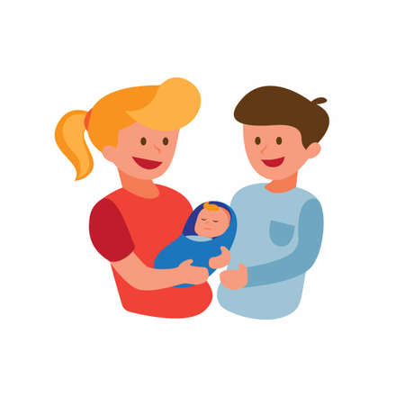 man and woman young parent with newborn baby, happy family, flat cartoon illustration vector isolated in white backgroundのイラスト素材