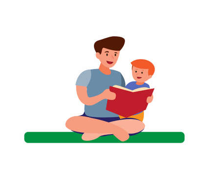 boy reading book with dad, parent story telling to children flat cartoon illustration backgroundのイラスト素材