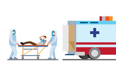 Paramedic worker wear full protection suit from virus outbreak taking patient to the hospital, ambulance service in cartoon flat illustration vectorのイラスト素材