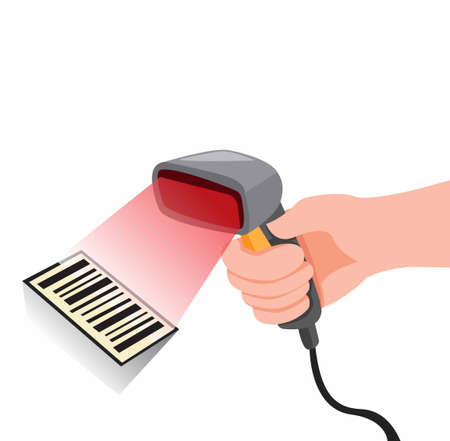 hand holding barcode scanner, product price identification in convenience store or mall cartoon flat illustration vectorのイラスト素材