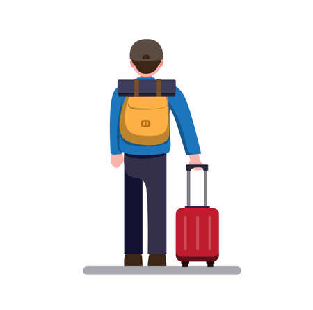 back view of man travelling with backpack and suitcase, cartoon flat illustration vector isolated in white backgroundのイラスト素材