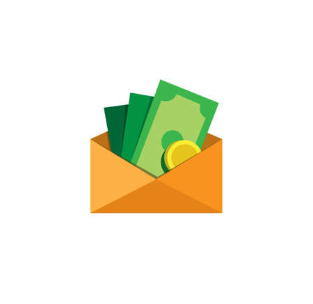 cash money on envelope for earning, gift or donate icon symbol in cartoon flat illustration vector isolated in white backgroundのイラスト素材