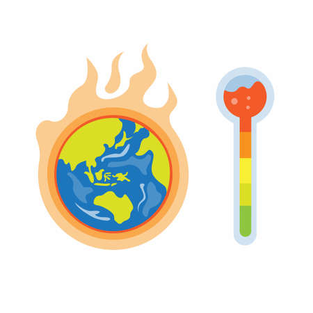 warm earth, global warming effect on earth planet with temperature thermometer flat style illustration vectorのイラスト素材