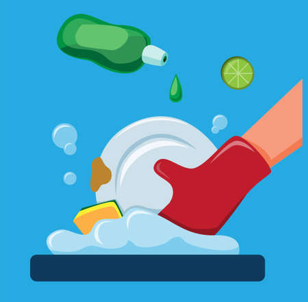 hand in rubber glove washing dishes with dish cleaner product and sponge flat illustration vectorのイラスト素材