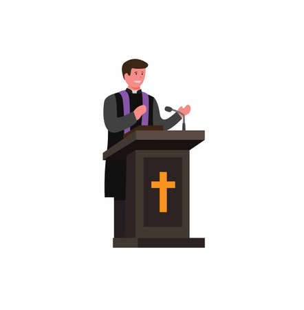 pastor, priest, preacher speaking in podium with bible, cartoon flat illustration vector isolated in white backgroundのイラスト素材