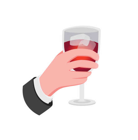 hand holding wine in glass with ice cube cartoon flat illustration vector isolated in white backgroundのイラスト素材