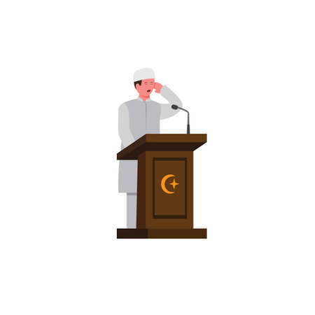 muslim man doing adzan for prayer call in podium with microphone in mosque, religious time prayer symbol cartoon flat illustration vector in white backgroundのイラスト素材
