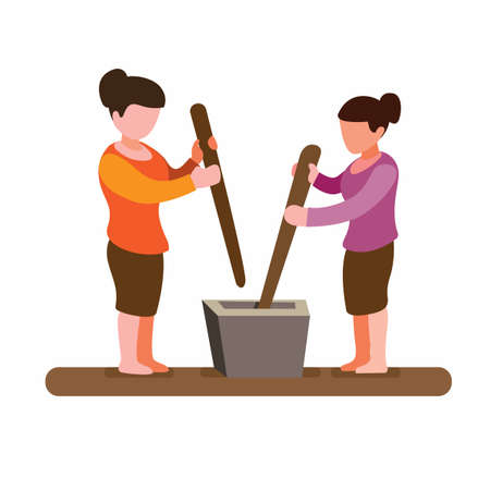 two woman pounding rice grain, traditional activities woman in asian illustration in cartoon flat illustrtion vectorのイラスト素材