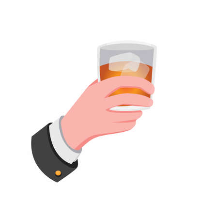 businessman hand holding whiskey or rum glass with ice cubes. Alcohol drink cup for luxury celebration Party drink shot with orange liquid cartoon flat illustration vector isolatedのイラスト素材