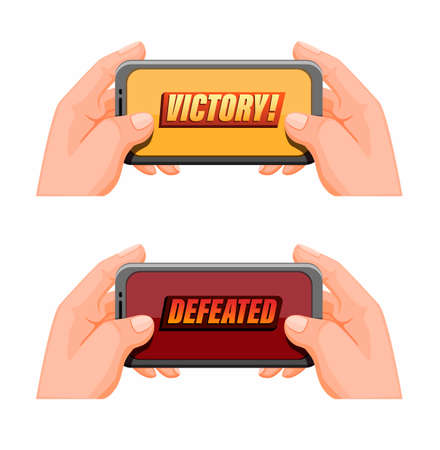 hand holding smartphone with victory and defeated pop up icon set, mobile gaming esport symbol in cartoon illustration vectorのイラスト素材