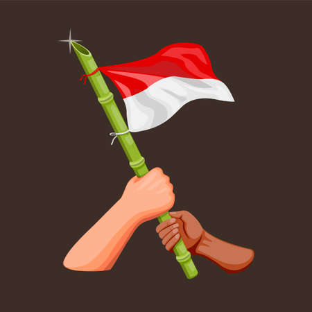 hand holding indonesian with sharpened bamboo in pole symbol for celebrating independence day in 17 august 1945 concept in cartoon illustration vectorのイラスト素材