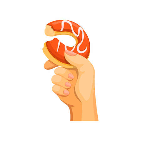 Hand hold bite donut in cartoon illustration vector isolated in white backgroundのイラスト素材