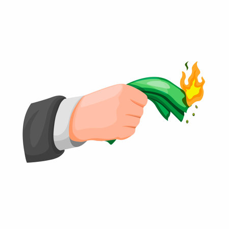 business man hand holding and burning money. investment and financial problem concept in cartoon illustration vector isolated in white backgroundのイラスト素材