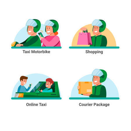 Online transportation service icon set. taxi online with customer and courier delivery package job symbol in cartoon illustration vector isolated in white backgroundのイラスト素材