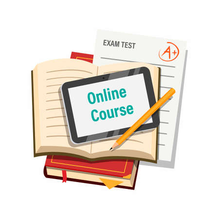 Online Course with book tab and exam paper symbol concept in cartoon illustration vector isolated in white backgroundのイラスト素材