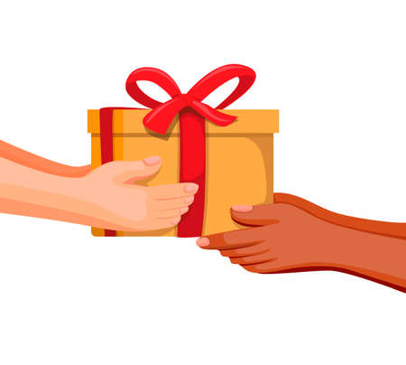 Hand giving box. gift box present or donation with diversity people support and charity symbol concept in cartoon illustration vector on white backgroundのイラスト素材