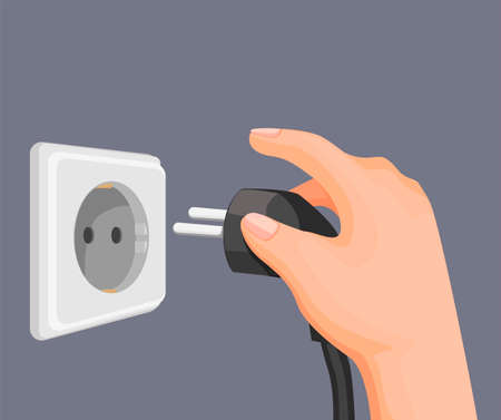hand put electric plug to socket outlet in wall. electricity energy saving symbol in cartoon illustration vectorのイラスト素材