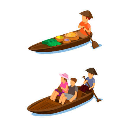 floating market traditional. woman selling food and tourist transport in boat symbol concept in cartoon illustration vector on white backgroundのイラスト素材