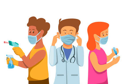 Pandemic virus prevention wear mask and wash hand with people gesture symbol in cartoon illustration  on whiteのイラスト素材