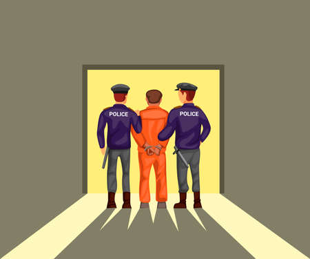 Two police lead prisoner criminal from back view.  concept in cartoon illustration vectorのイラスト素材