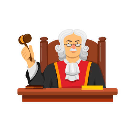 Judge law character sitting in desk with gavel concept in cartoon illustration vector isolated in white backgroundのイラスト素材