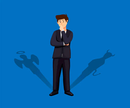businessman standing with his devil and angel shadow. decision making concept in cartoon illustration vectorのイラスト素材
