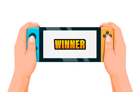Hand playing portable game with winner symbol. concept in cartoon illustration vector on white backgroundのイラスト素材