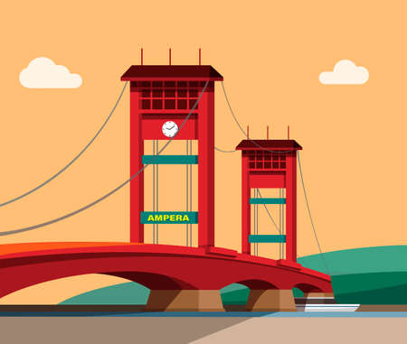 AMPERA Bridge in South Sumatra Indonesia. famous landmark building in sunset landscape concept in cartoon illustration vectorのイラスト素材