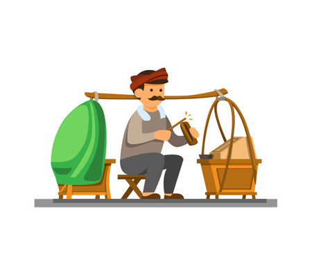 Man selling tahu gejrot or empal gentong is traditional food from Cirebon, Indonesia concept cartoon flat illustration vector on white backgroundのイラスト素材