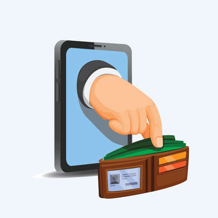 Hand take money on wallet from phone. internet scammer and financial concept in cartoon illustration vector isolated in white backgroundのイラスト素材