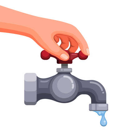 Hand close crane to saving water and ecological concept in cartoon illustraton vector on white backgroundのイラスト素材