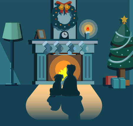boy and dog sitting front fireplace at home in christmas night concept in cartoon illustration vectorのイラスト素材