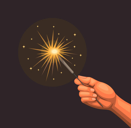Hand playing with burning sparkler fireworks concept in cartoon illustration vectorのイラスト素材
