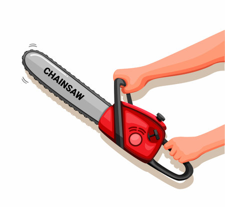 Hand holding a Chainsaw symbol concept in cartoon illustration vector on white backgroundのイラスト素材
