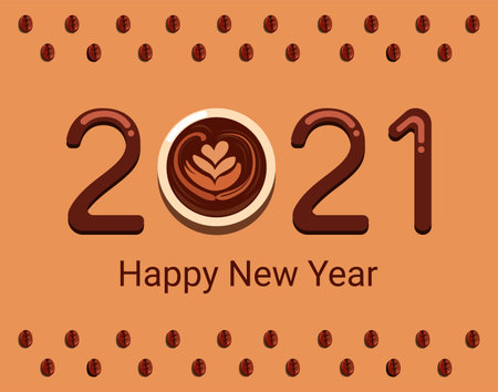 2021 Happy New Year with cafe coffee theme concept in cartoon illustration vectorのイラスト素材