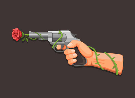 Gun flower, hand holding revolver with rose symbol concept in cartoon  illustration vectorのイラスト素材