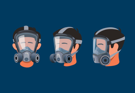 Man wearing full face respirator mask. protective equipment for gas and dust pollution symbol icon set concept in cartoon illustration vectorのイラスト素材