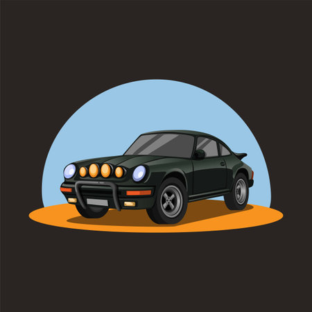 Retro rally car in sand. dark green racing sedan car with night headlight concept in cartoon illustration vectorのイラスト素材