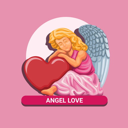 Angel love. Happy valentine day celebration with little angel hug heart symbol concept in cartoon illustration vectorのイラスト素材