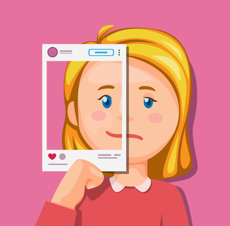 Girl different emotion on social media. mental illnes and cyberbullying awareness illustration concept in cartoon vectorのイラスト素材