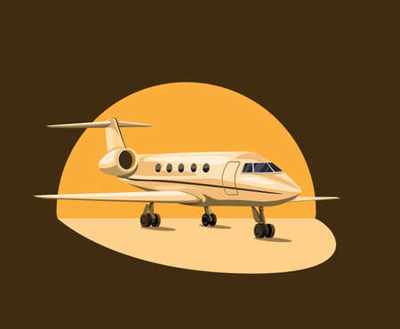 Private jet airplane on sunset concept in cartoon illustration vectorのイラスト素材
