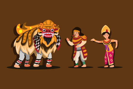 Barong Traditional Dance from Bali Indonesia. male and woman wearing costume and dancing in performance show. illustration concept in cartoon vectorのイラスト素材