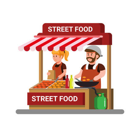 Asian street food vendor. man and woman cooking and selling fried food concept in cartoon illustration vectorのイラスト素材