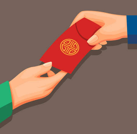 Hand giving money in envelope aka angpao concept in cartoon illustration vectorのイラスト素材
